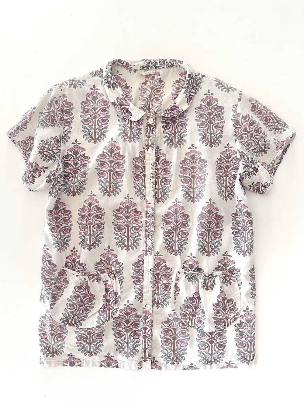 Anokhi Block Print Floral Short Sleeve Button Front Blouse Size Medium